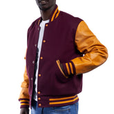 Mens Maroon Orange Varsity Jacket Side View